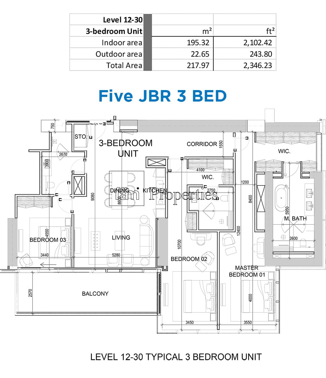 FIVE LUXE JBR 3 Bedroom floor plan