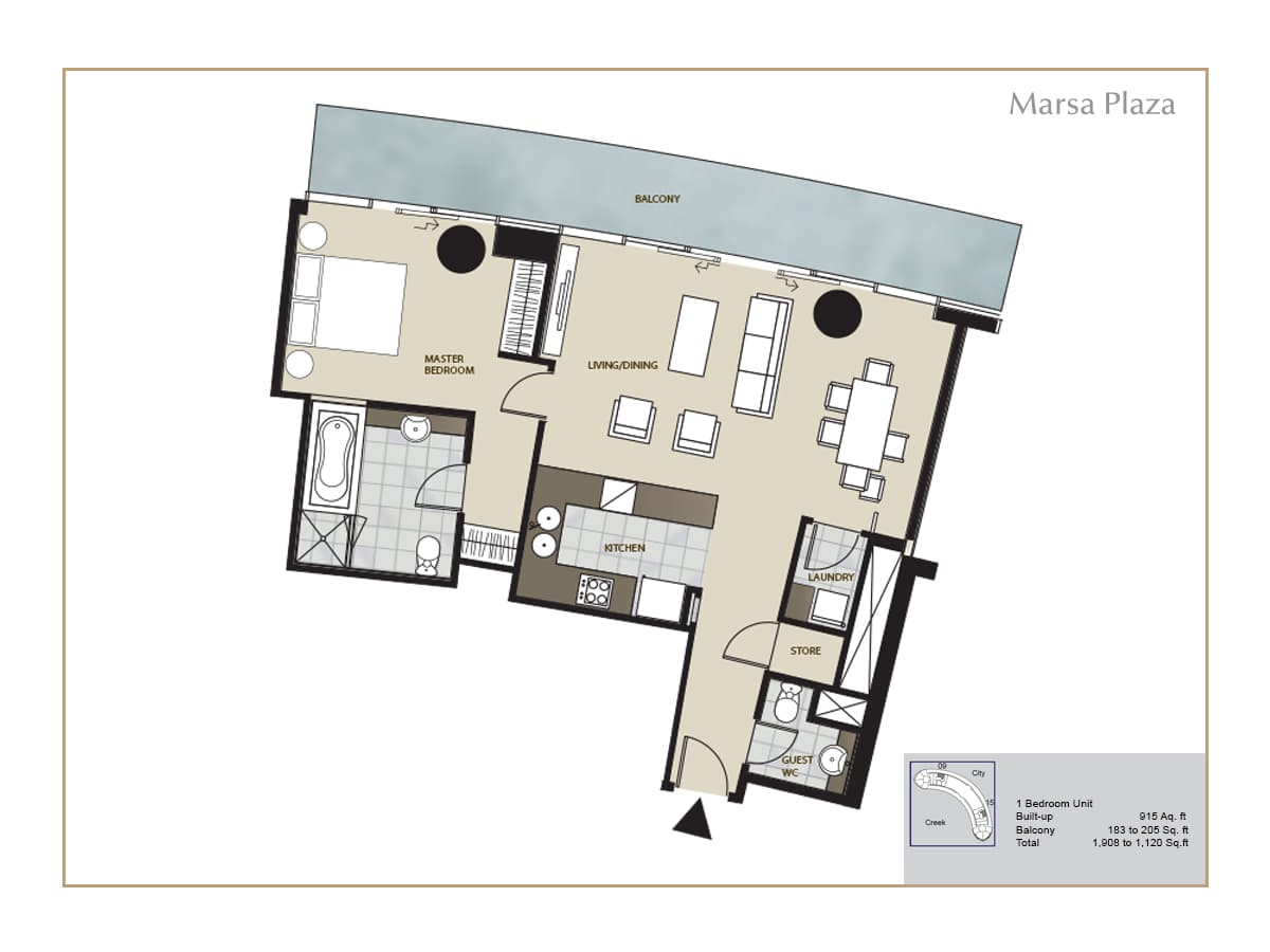 Marsa Plaza 1 Bedroom floor plan