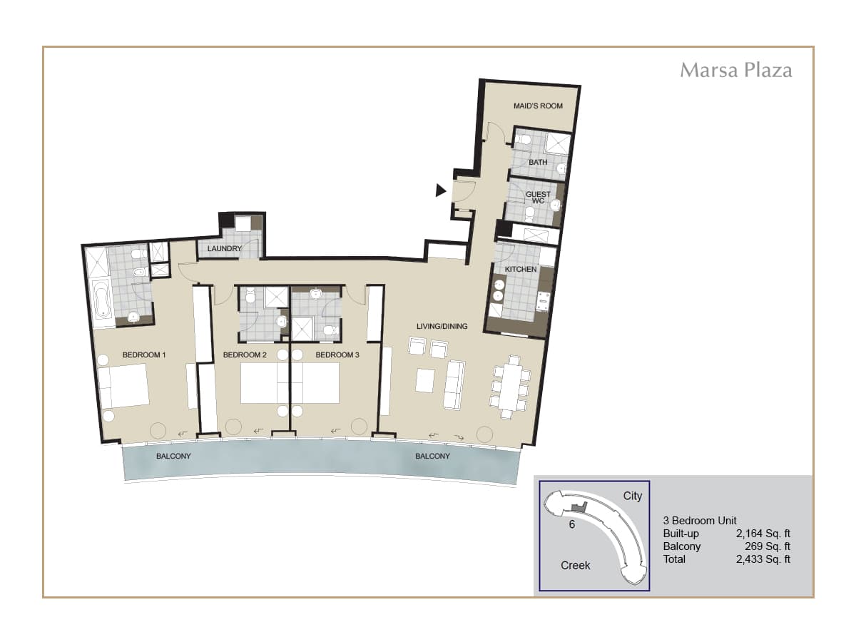 Marsa Plaza 3 Bedroom floor plan