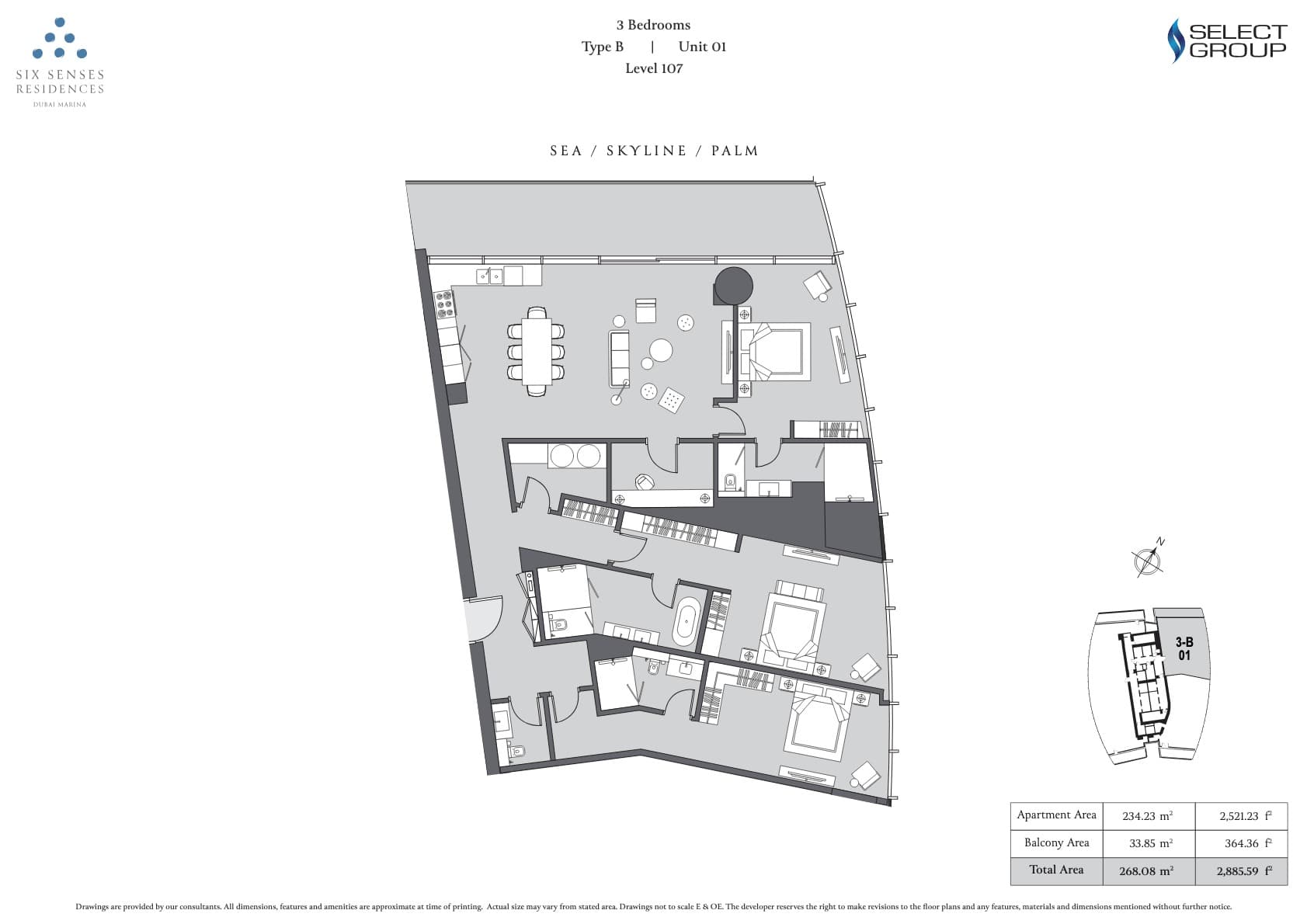 Six Senses Residences Dubai Marina 3BR - Type B - Unit 1 floor plan