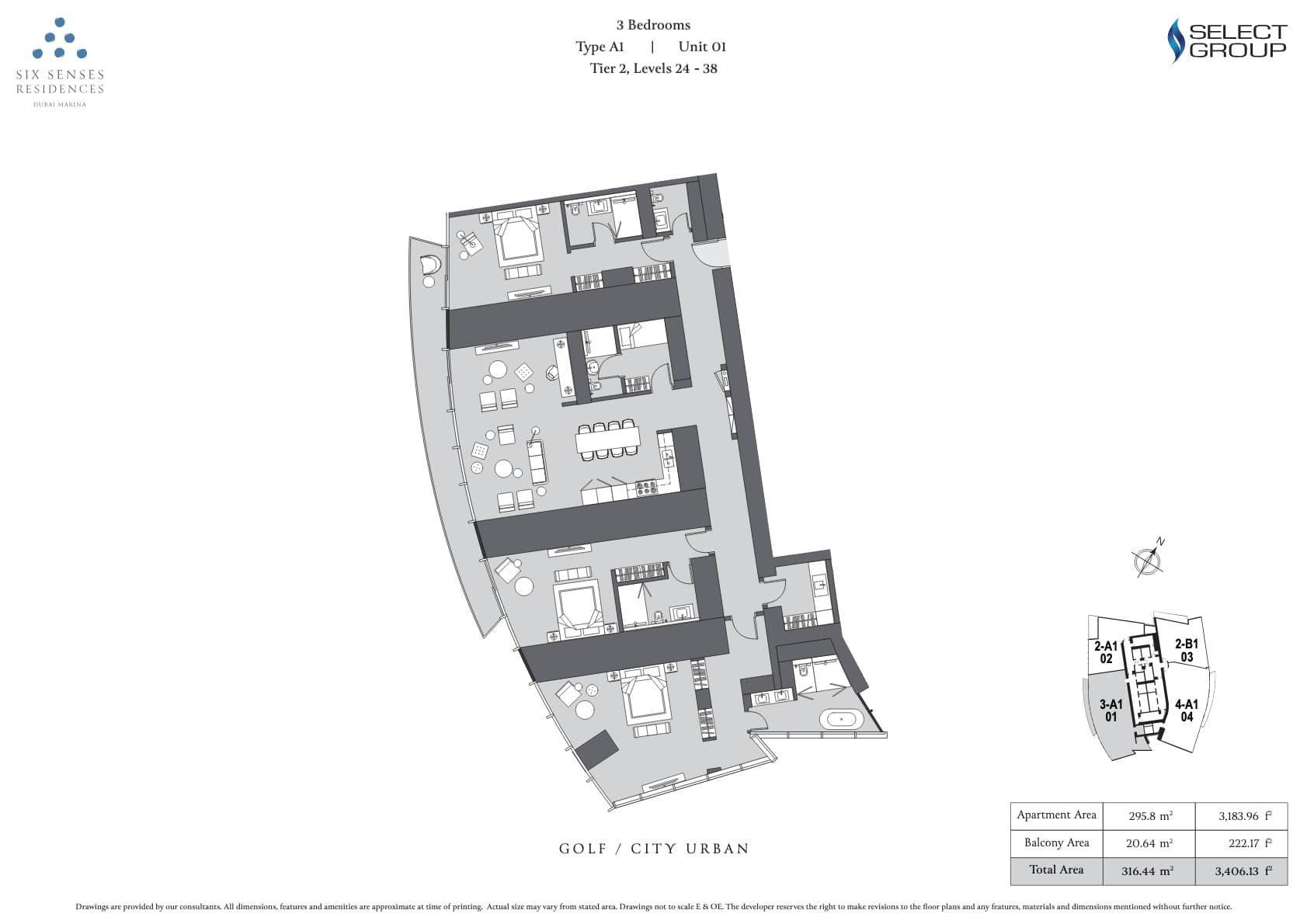 Six Senses Residences Dubai Marina 3BR - Type A1 - Unit 1 floor plan