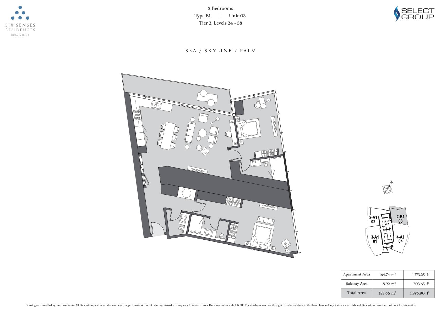 Six Senses Residences Dubai Marina 2BR - Type B1 - Unit 3 floor plan