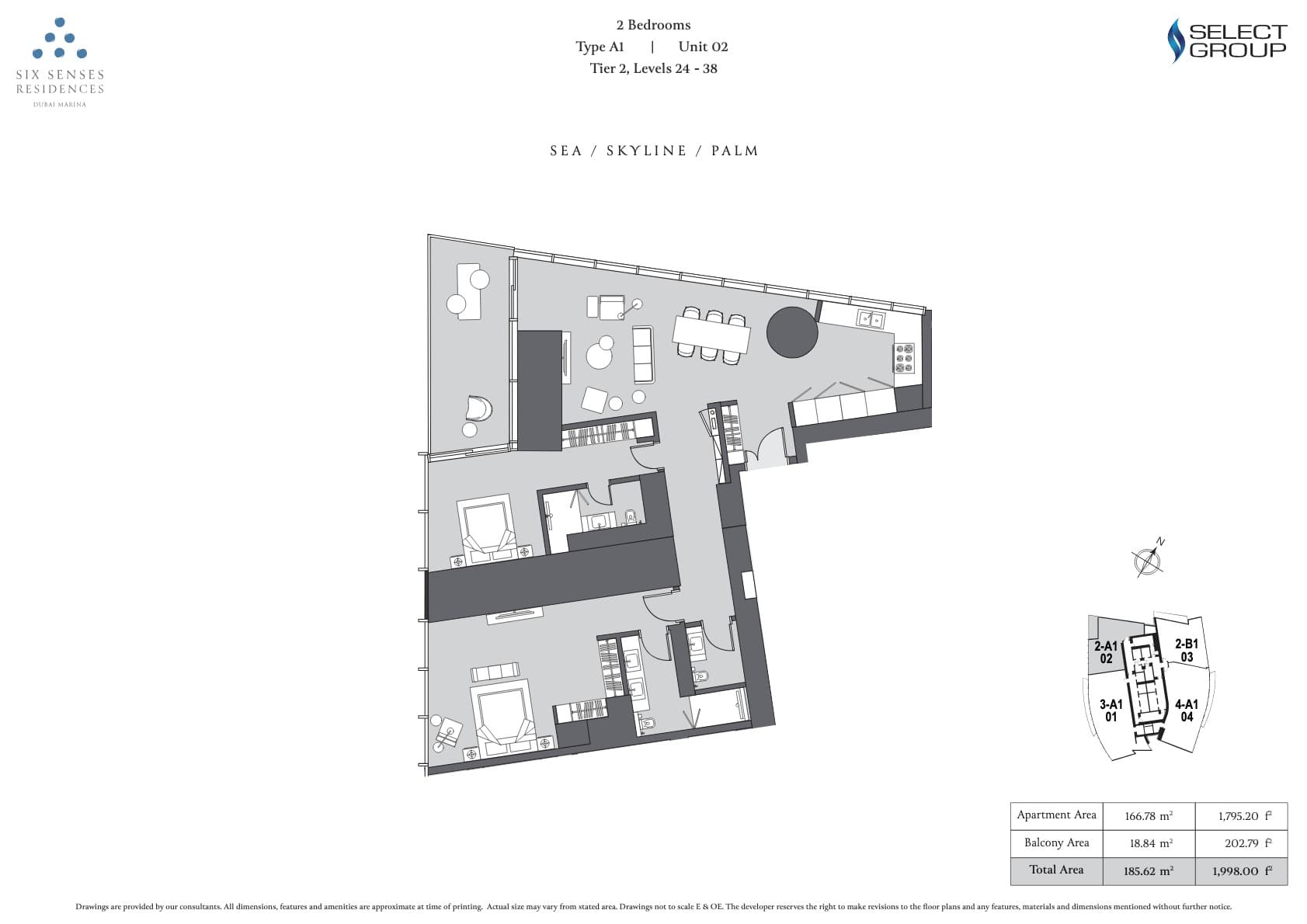 Six Senses Residences Dubai Marina 2BR - Type A1 - Unit 2 floor plan