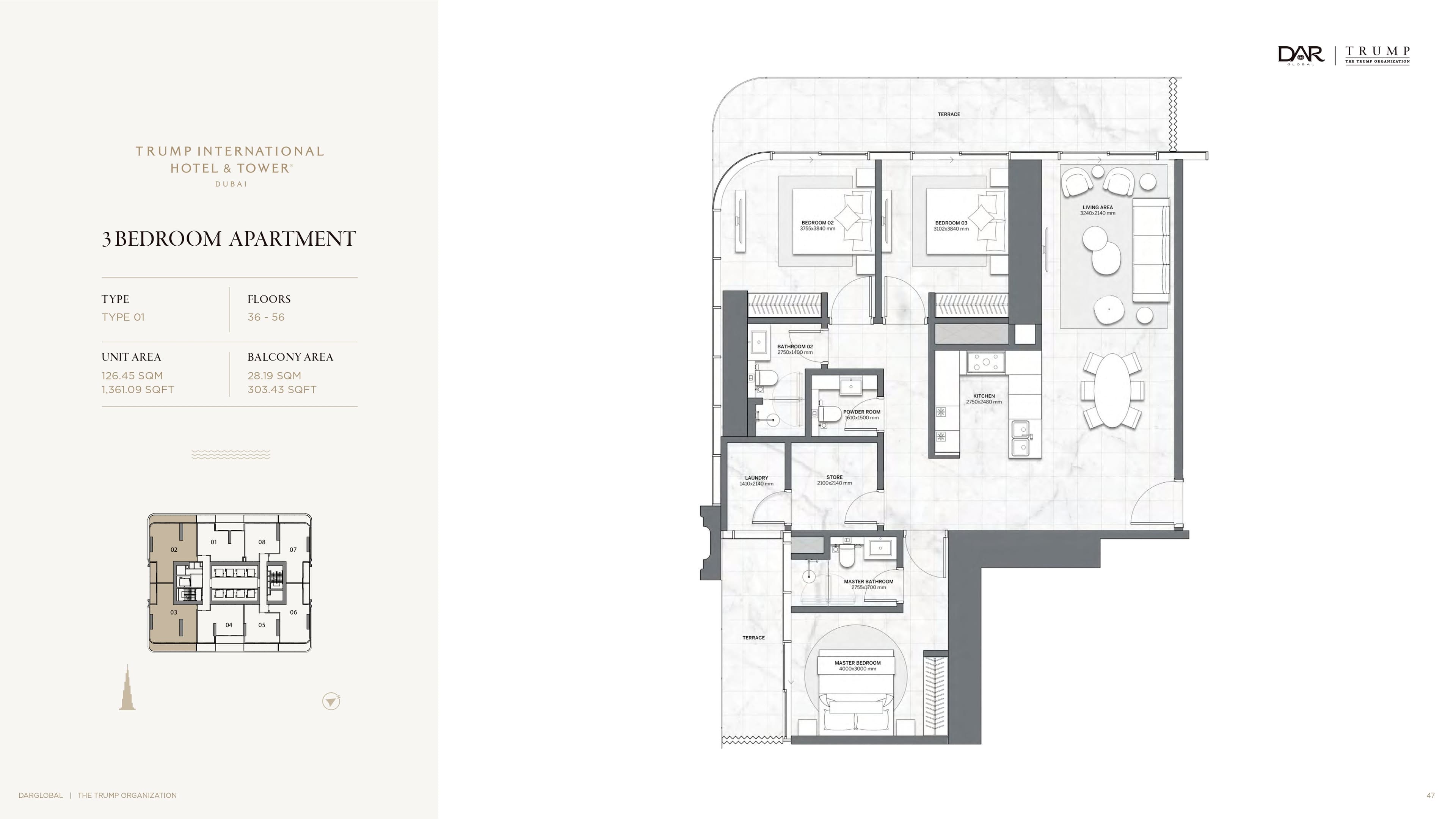 Trump Tower 3 Bed floor plan