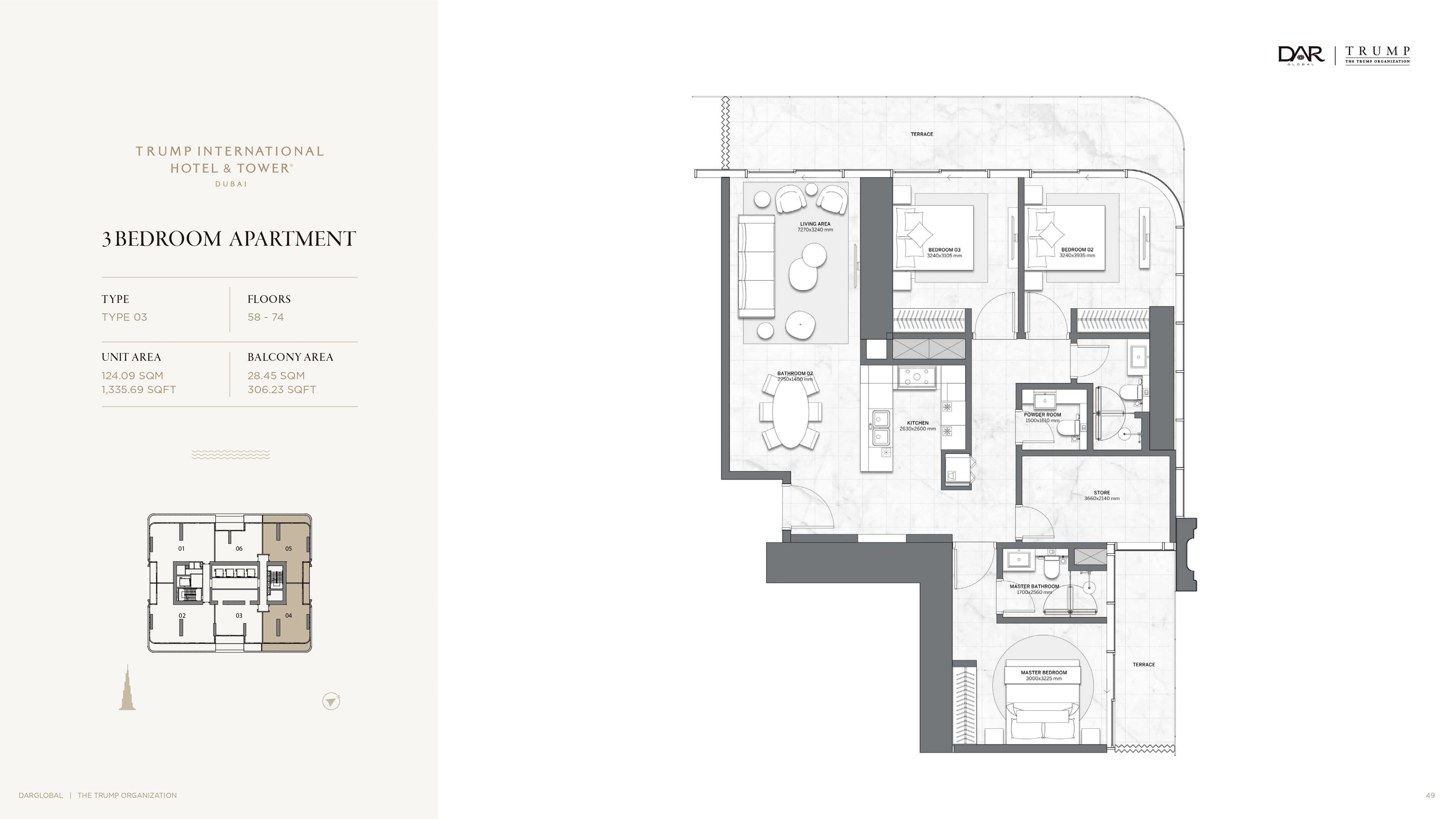Trump Tower 3 Bed floor plan