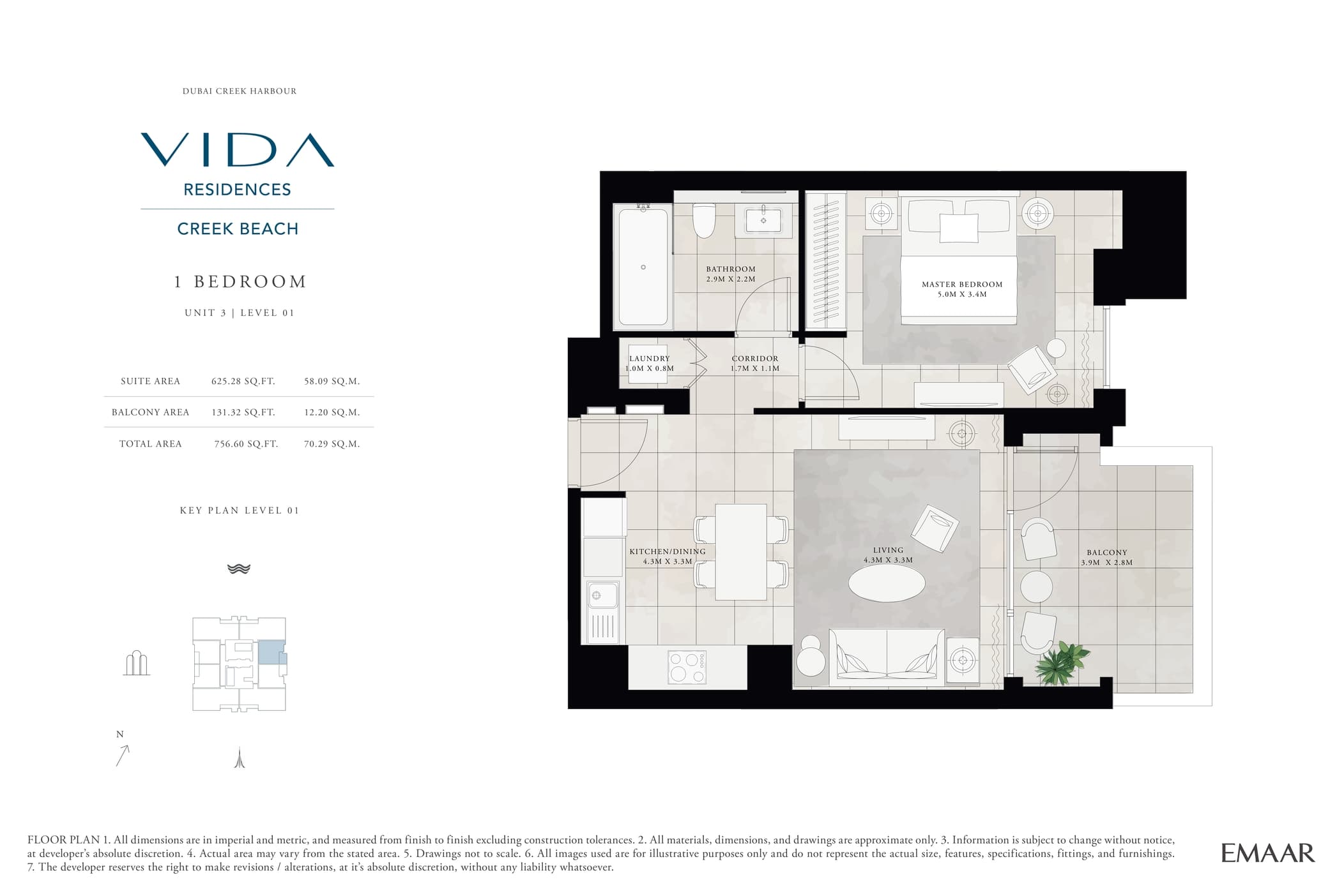 Vida Residences Creek Beach 1 Bedroom floor plan